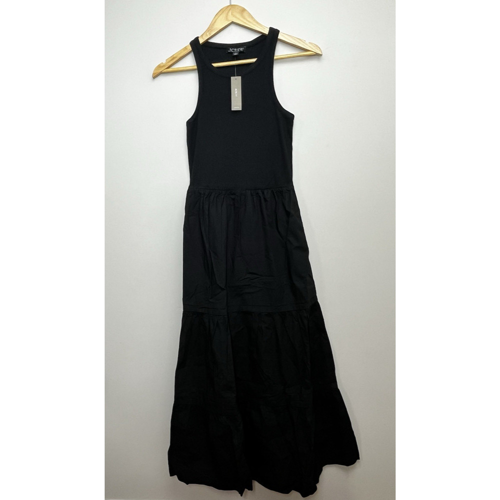 J Crew Vintage Rib High Neck Cutaway Tank Dress Poplin Skirt XS Black Tiered